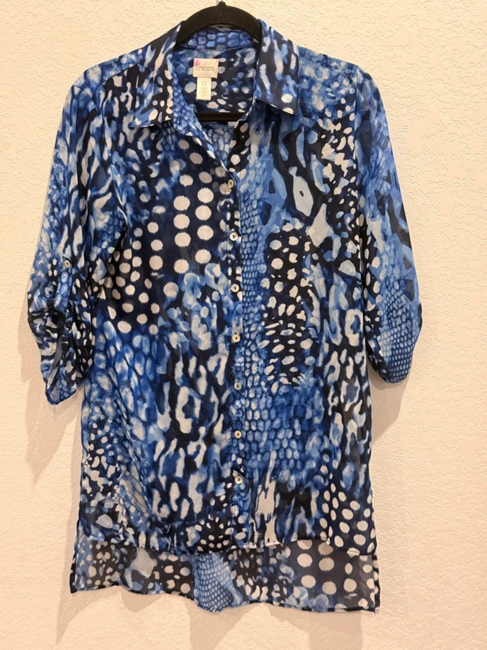 Chico's Blue & White Abstract Dot-Print Button Tunic - Picture 2 of 6
